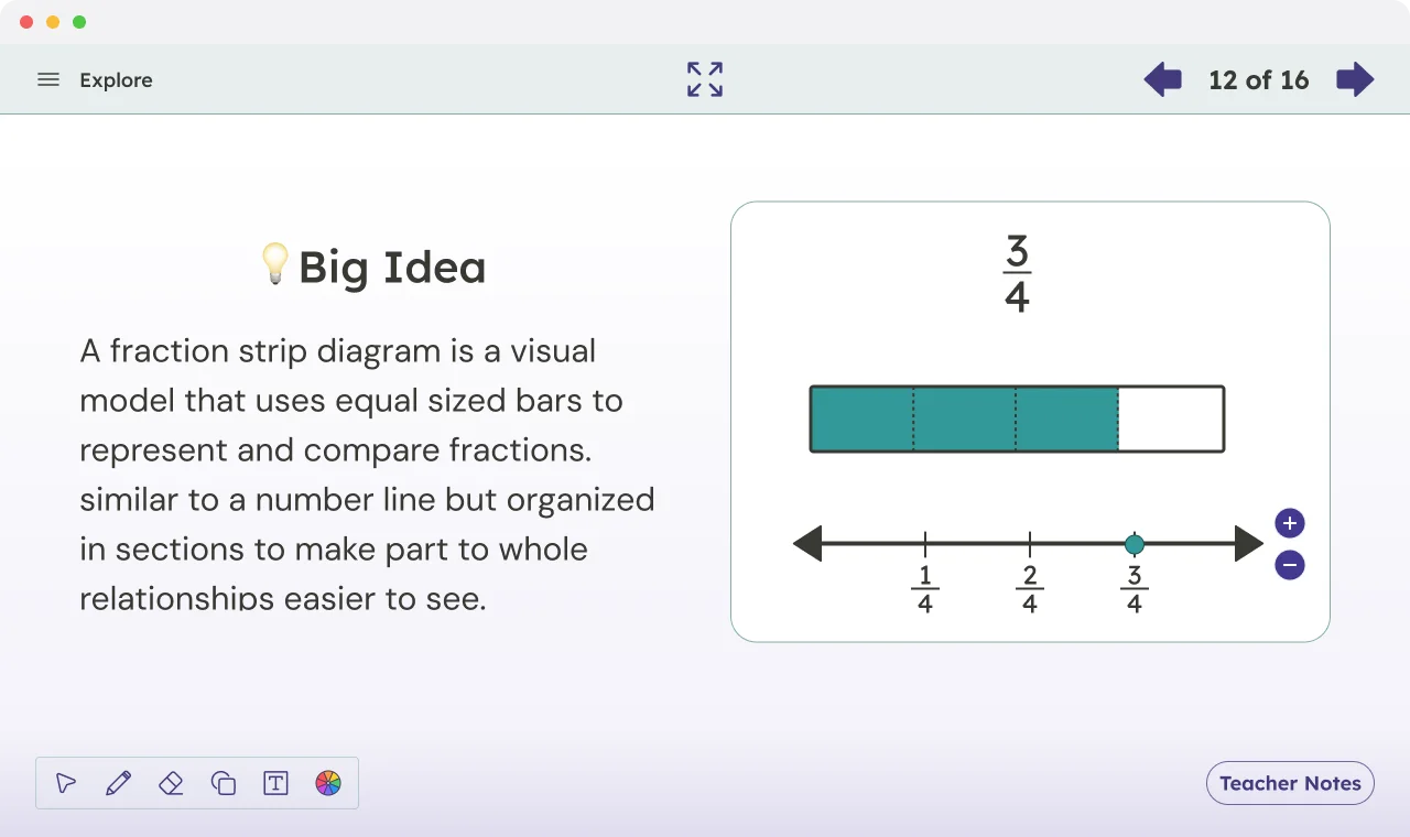 Before: Explore screen showing only the Big Idea definition and a fraction strip diagram